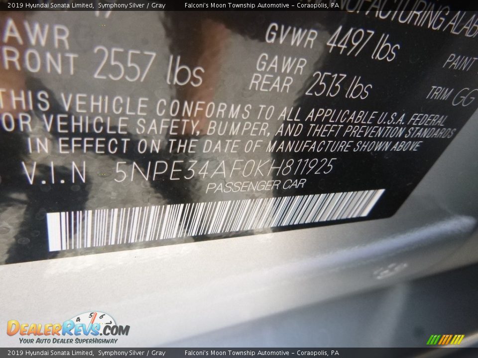 2019 Hyundai Sonata Limited Symphony Silver / Gray Photo #12