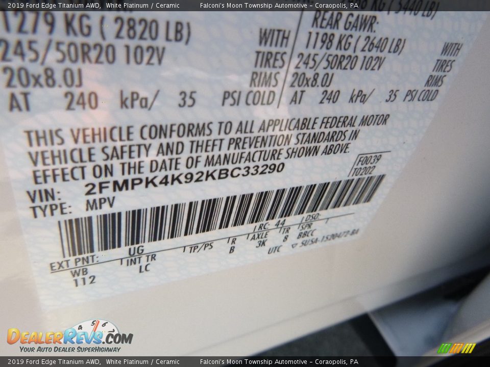 2019 Ford Edge Titanium AWD White Platinum / Ceramic Photo #12
