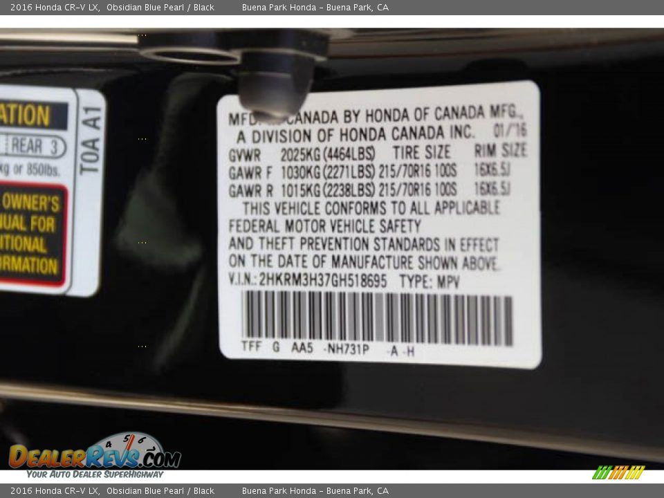 2016 Honda CR-V LX Obsidian Blue Pearl / Black Photo #34