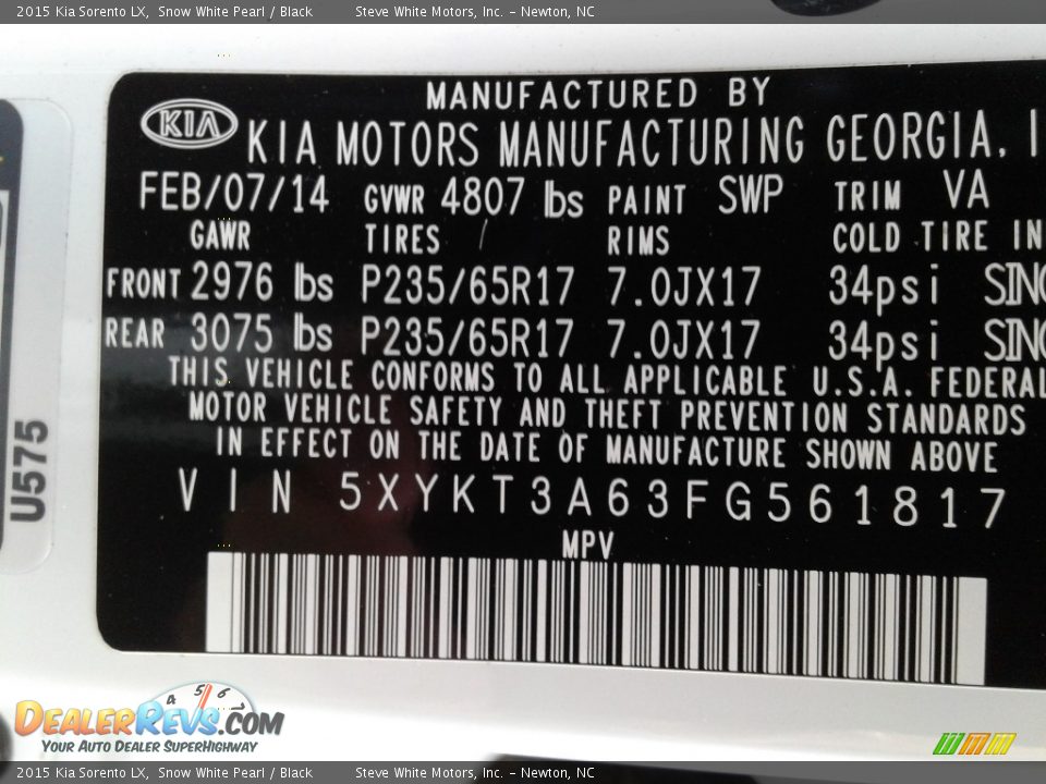 2015 Kia Sorento LX Snow White Pearl / Black Photo #25