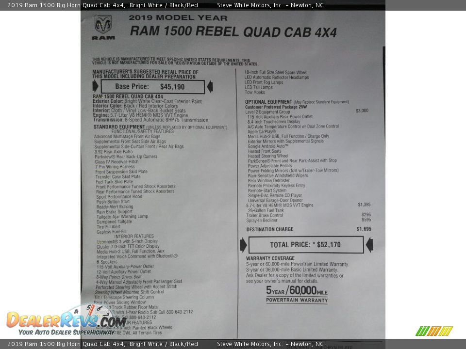 2019 Ram 1500 Big Horn Quad Cab 4x4 Window Sticker Photo #33
