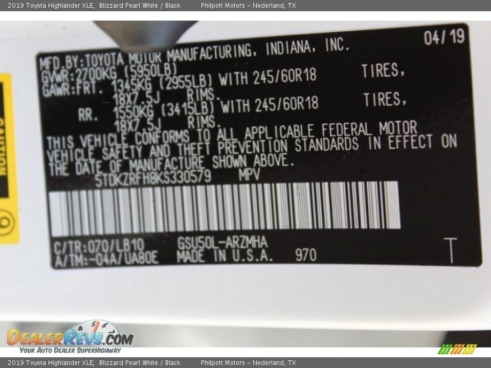 2019 Toyota Highlander XLE Blizzard Pearl White / Black Photo #27