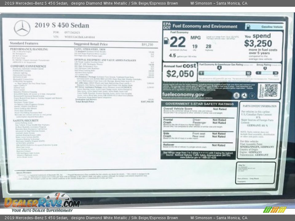 2019 Mercedes-Benz S 450 Sedan designo Diamond White Metallic / Silk Beige/Espresso Brown Photo #10