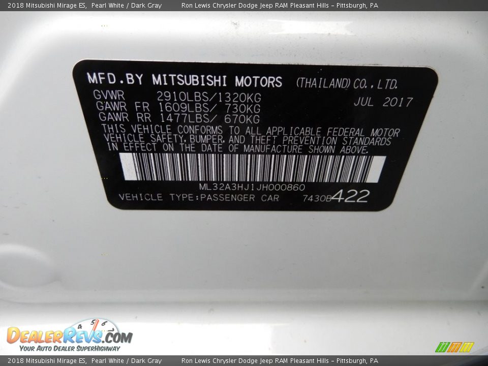 2018 Mitsubishi Mirage ES Pearl White / Dark Gray Photo #15