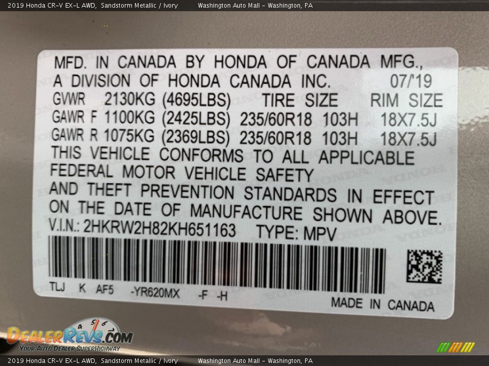 2019 Honda CR-V EX-L AWD Sandstorm Metallic / Ivory Photo #9
