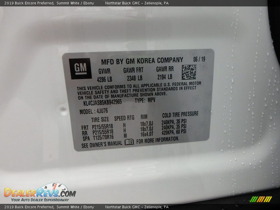 2019 Buick Encore Preferred Summit White / Ebony Photo #11