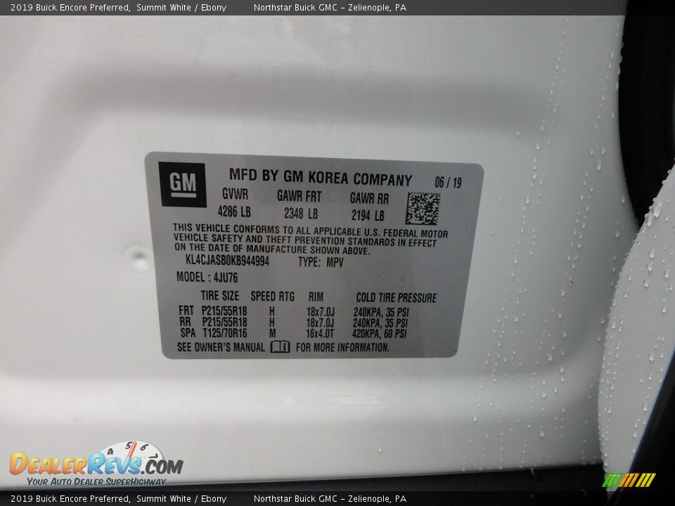 2019 Buick Encore Preferred Summit White / Ebony Photo #11