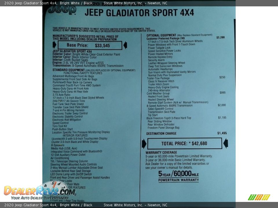 2020 Jeep Gladiator Sport 4x4 Bright White / Black Photo #28