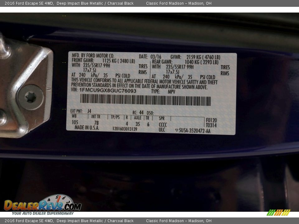 2016 Ford Escape SE 4WD Deep Impact Blue Metallic / Charcoal Black Photo #20