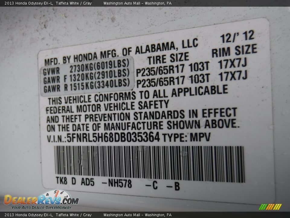 2013 Honda Odyssey EX-L Taffeta White / Gray Photo #23