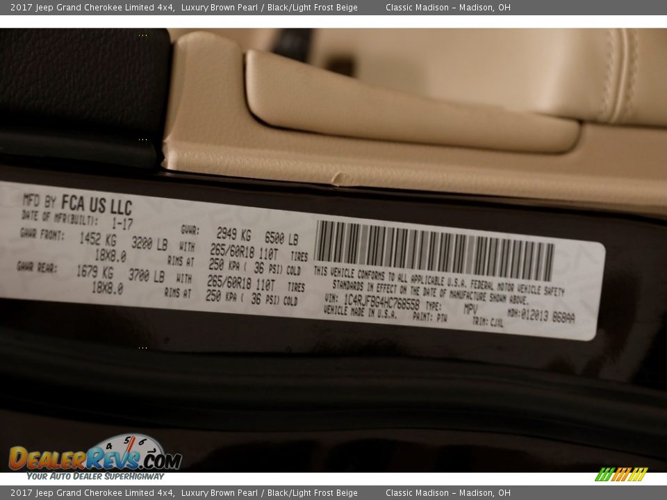 2017 Jeep Grand Cherokee Limited 4x4 Luxury Brown Pearl / Black/Light Frost Beige Photo #24