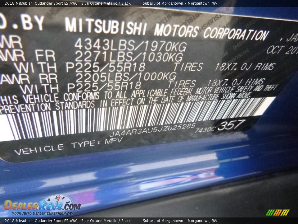 2018 Mitsubishi Outlander Sport ES AWC Blue Octane Metallic / Black Photo #15