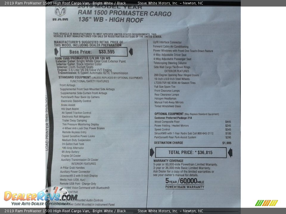 2019 Ram ProMaster 1500 High Roof Cargo Van Bright White / Black Photo #26