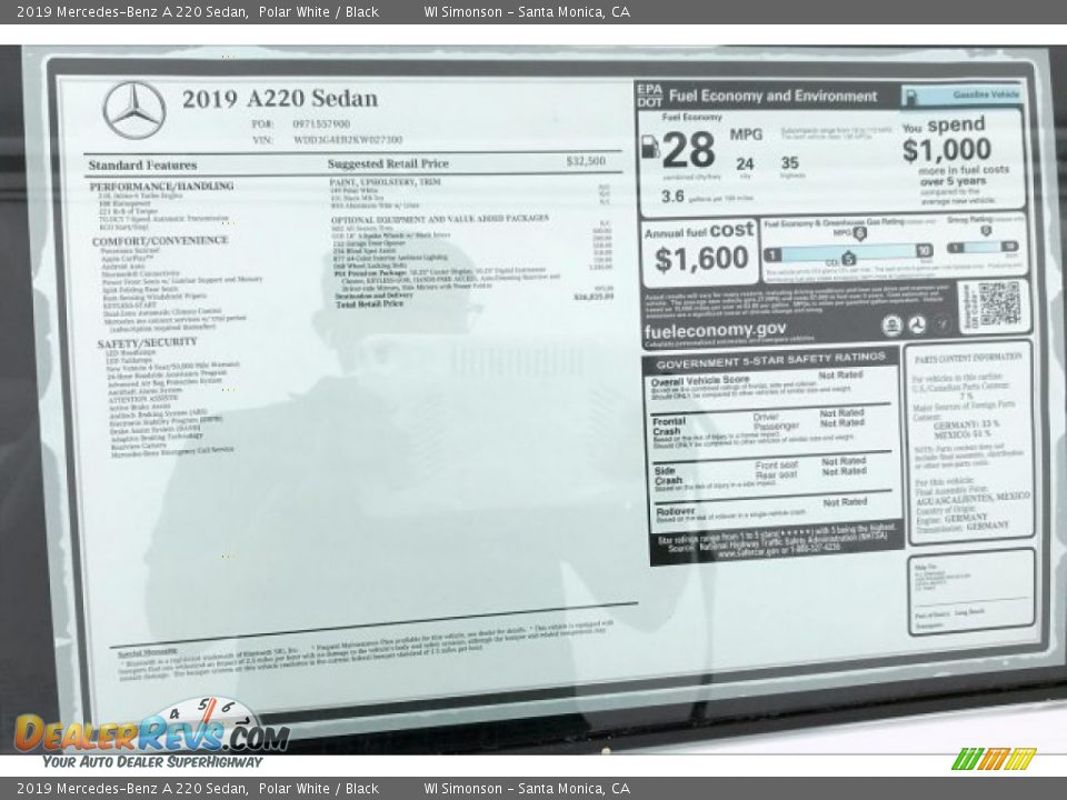 2019 Mercedes-Benz A 220 Sedan Polar White / Black Photo #10
