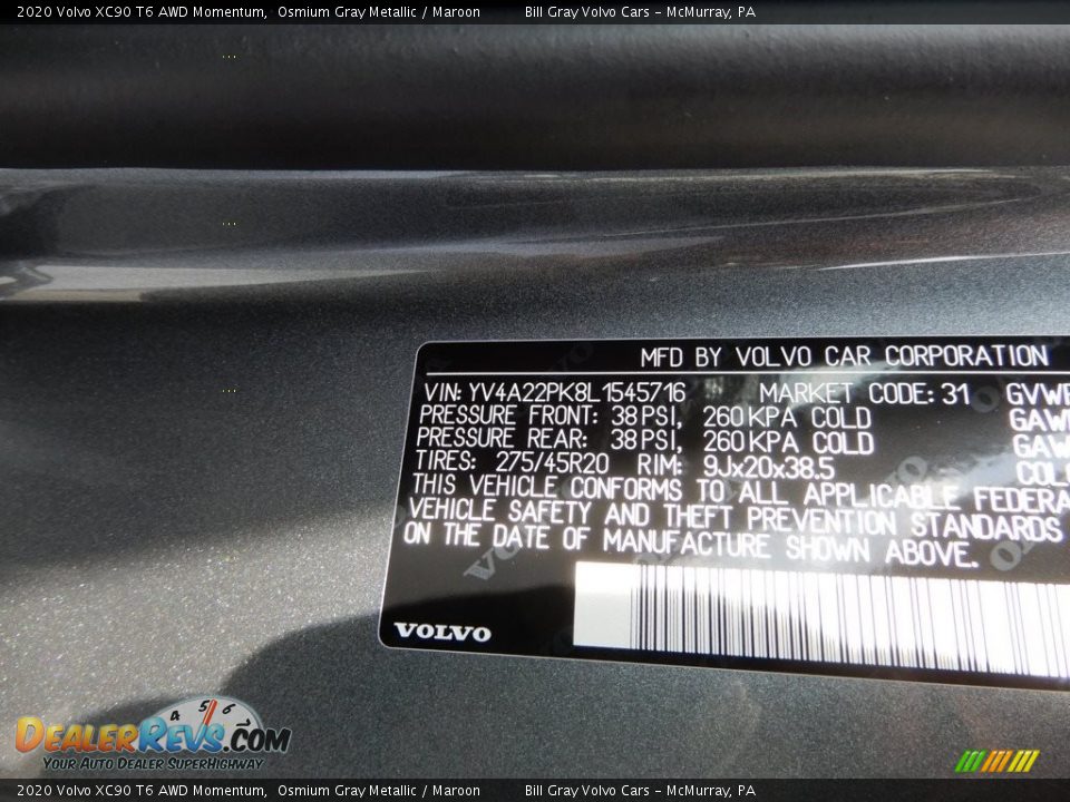 2020 Volvo XC90 T6 AWD Momentum Osmium Gray Metallic / Maroon Photo #11