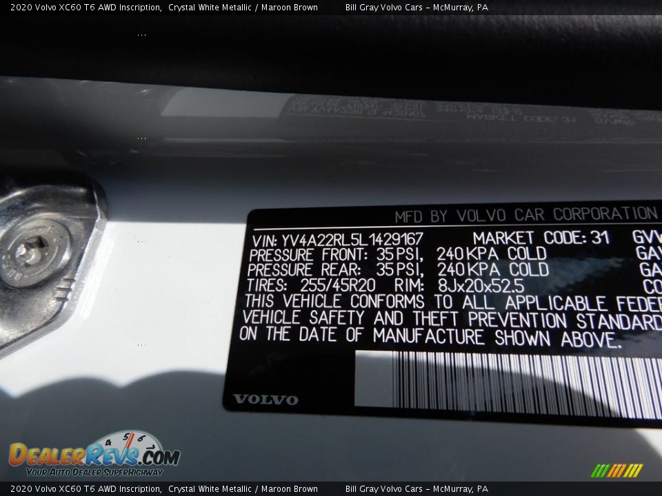 2020 Volvo XC60 T6 AWD Inscription Crystal White Metallic / Maroon Brown Photo #11