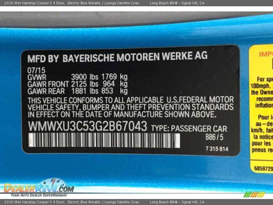 2016 Mini Hardtop Cooper S 4 Door Electric Blue Metallic / Lounge Satellite Gray Photo #18