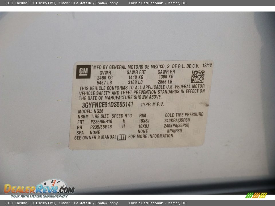 2013 Cadillac SRX Luxury FWD Glacier Blue Metallic / Ebony/Ebony Photo #23