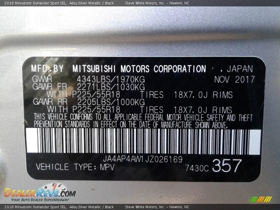 Info Tag of 2018 Mitsubishi Outlander Sport SEL Photo #27