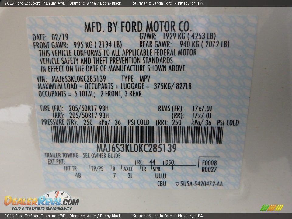 2019 Ford EcoSport Titanium 4WD Diamond White / Ebony Black Photo #11