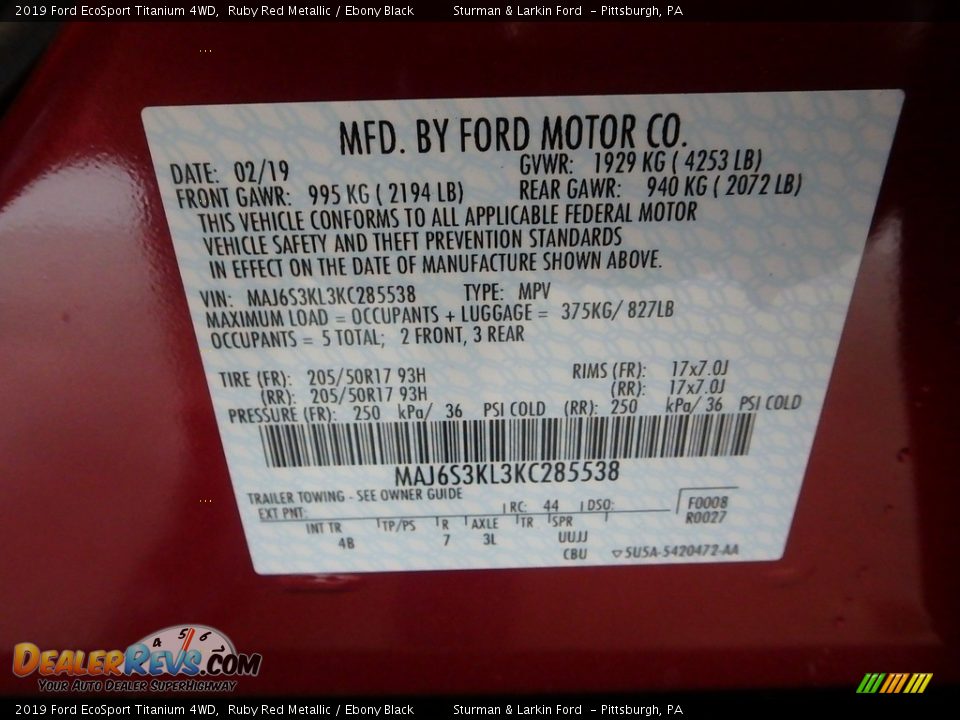 2019 Ford EcoSport Titanium 4WD Ruby Red Metallic / Ebony Black Photo #11