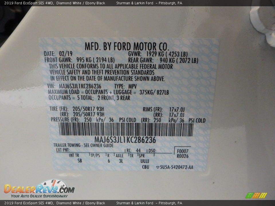 2019 Ford EcoSport SES 4WD Diamond White / Ebony Black Photo #11