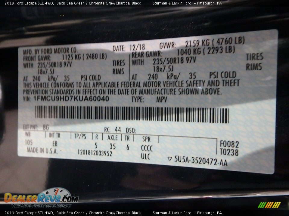 2019 Ford Escape SEL 4WD Baltic Sea Green / Chromite Gray/Charcoal Black Photo #11