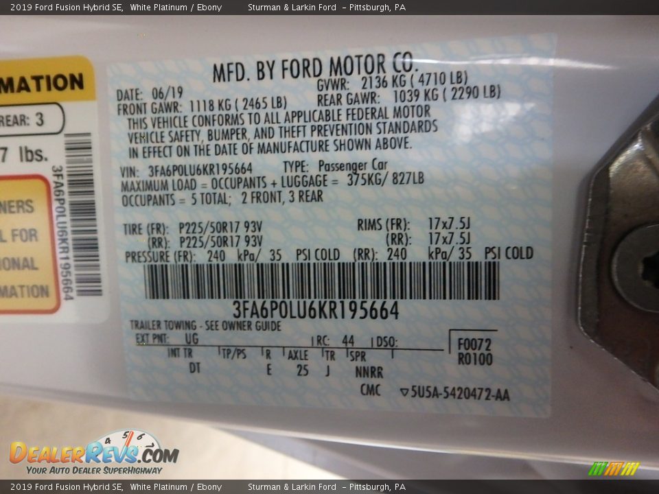 2019 Ford Fusion Hybrid SE White Platinum / Ebony Photo #11