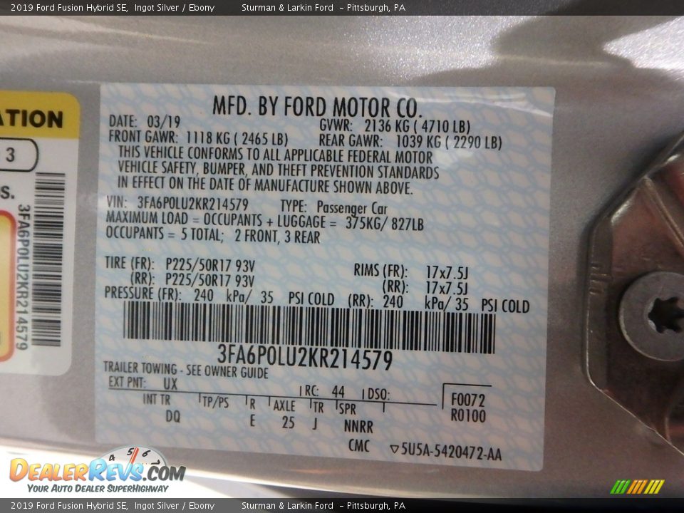 2019 Ford Fusion Hybrid SE Ingot Silver / Ebony Photo #11
