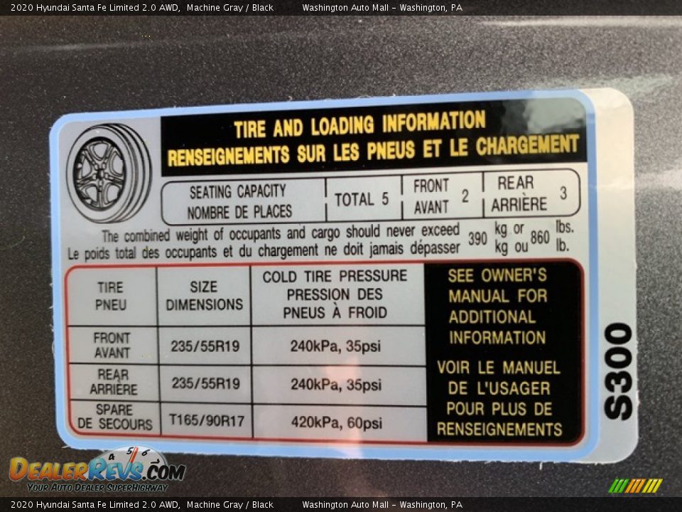 Info Tag of 2020 Hyundai Santa Fe Limited 2.0 AWD Photo #9