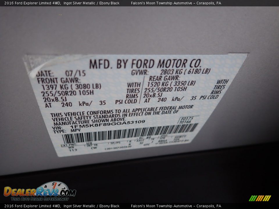 2016 Ford Explorer Limited 4WD Ingot Silver Metallic / Ebony Black Photo #23