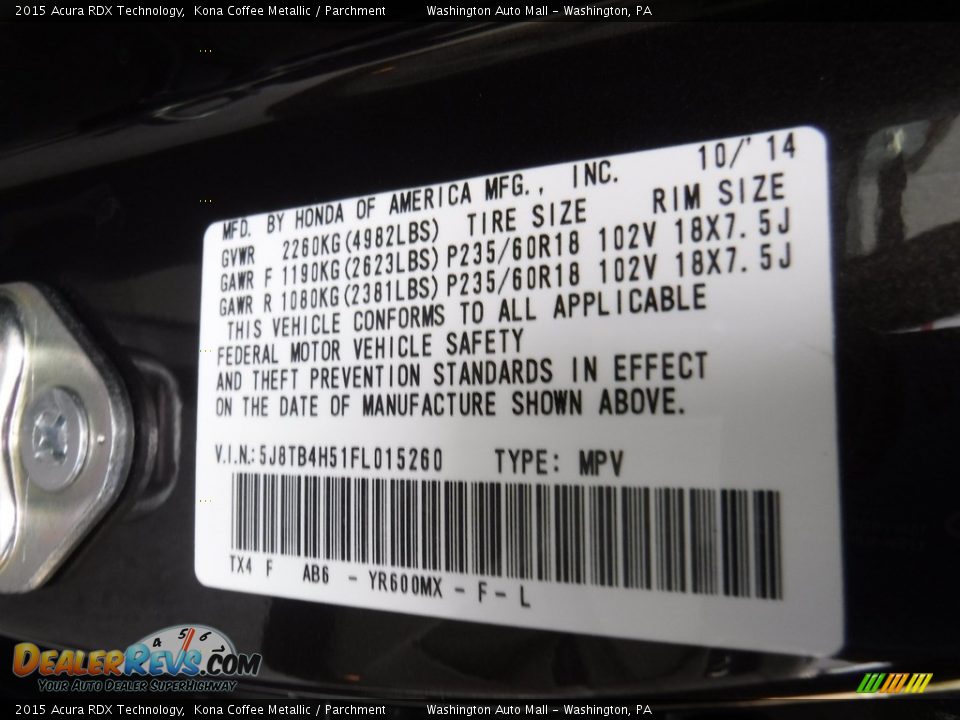 2015 Acura RDX Technology Kona Coffee Metallic / Parchment Photo #29