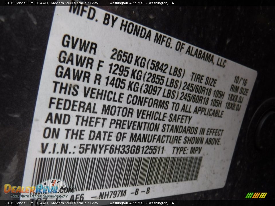 2016 Honda Pilot EX AWD Modern Steel Metallic / Gray Photo #27