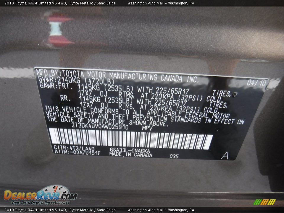 2010 Toyota RAV4 Limited V6 4WD Pyrite Metallic / Sand Beige Photo #31