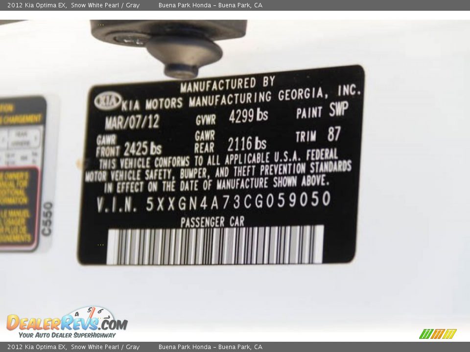 2012 Kia Optima EX Snow White Pearl / Gray Photo #34