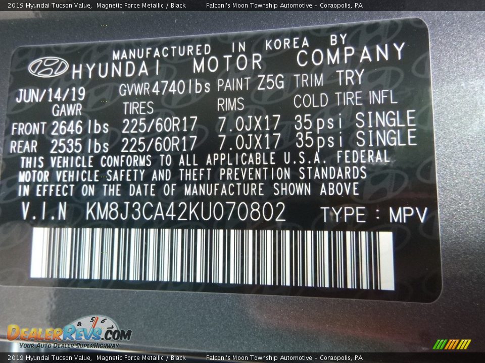 2019 Hyundai Tucson Value Magnetic Force Metallic / Black Photo #12
