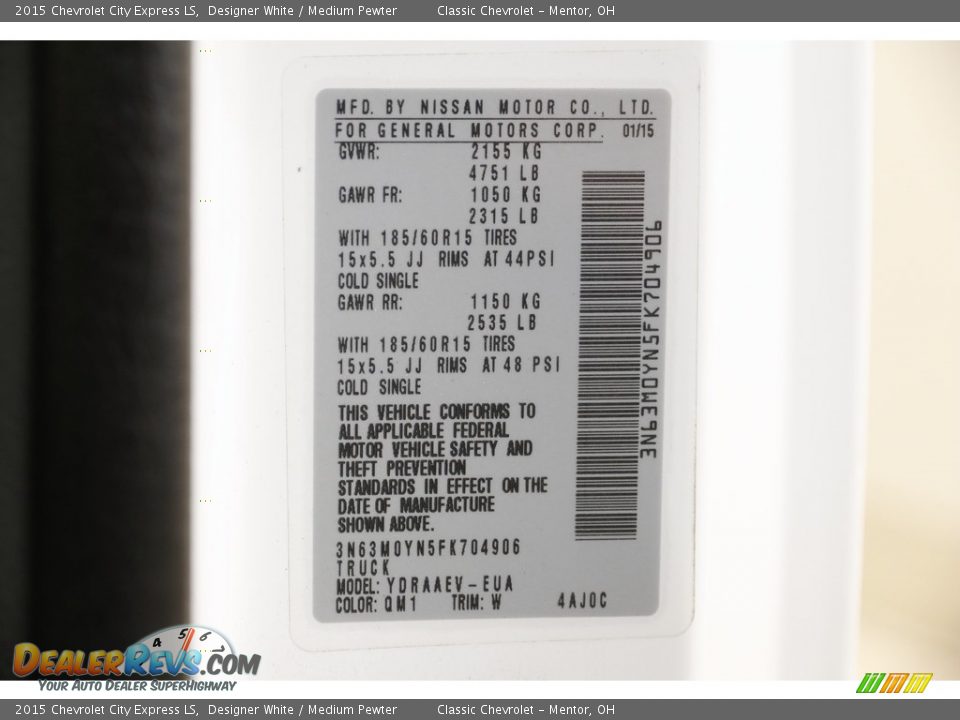 2015 Chevrolet City Express LS Designer White / Medium Pewter Photo #20