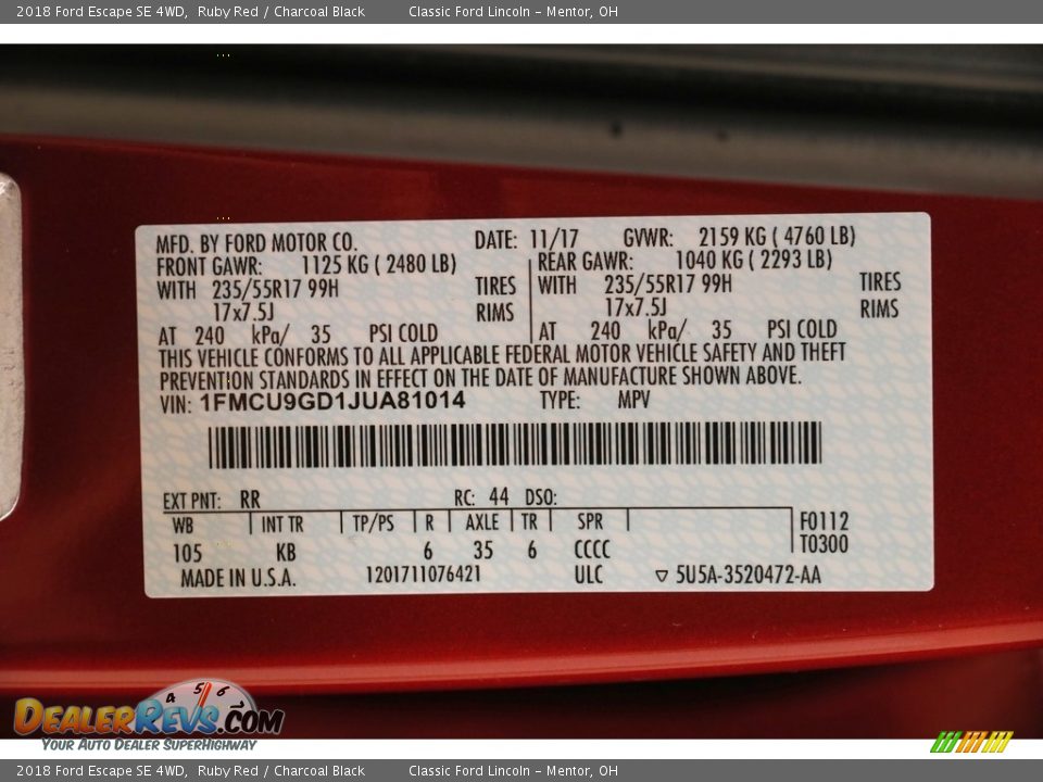 2018 Ford Escape SE 4WD Ruby Red / Charcoal Black Photo #20