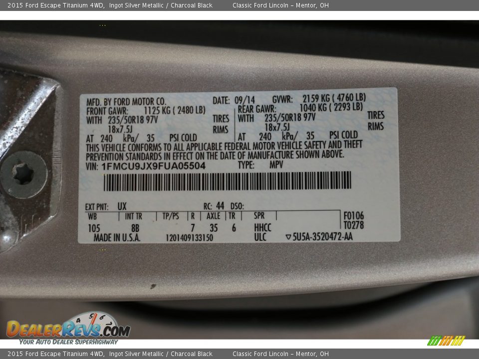 2015 Ford Escape Titanium 4WD Ingot Silver Metallic / Charcoal Black Photo #23