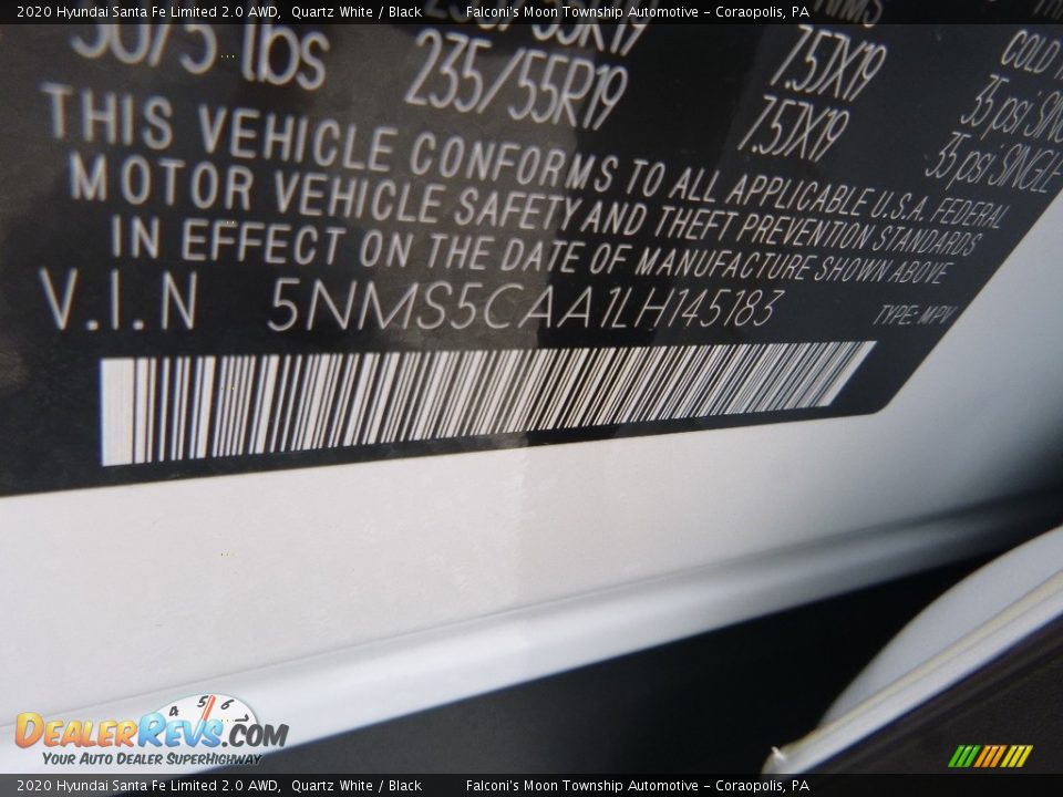 2020 Hyundai Santa Fe Limited 2.0 AWD Quartz White / Black Photo #12
