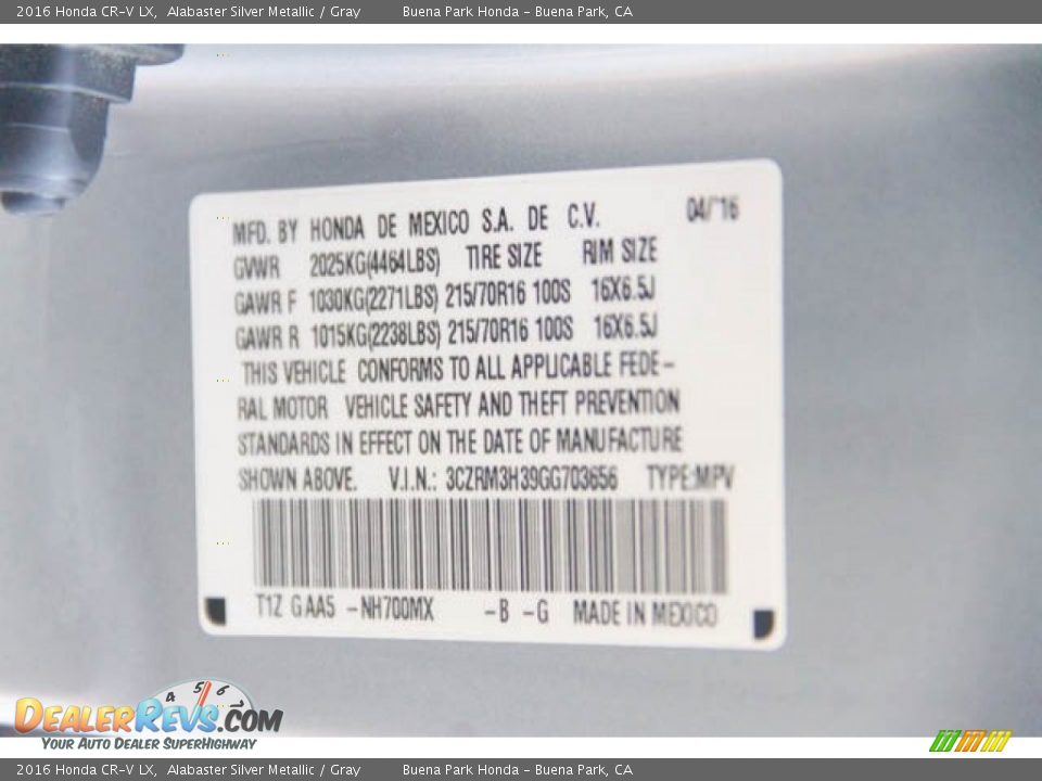 2016 Honda CR-V LX Alabaster Silver Metallic / Gray Photo #35