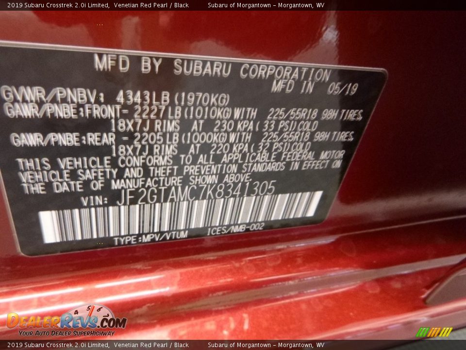 2019 Subaru Crosstrek 2.0i Limited Venetian Red Pearl / Black Photo #14