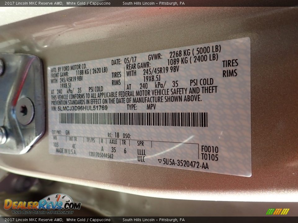 2017 Lincoln MKC Reserve AWD White Gold / Cappuccino Photo #23