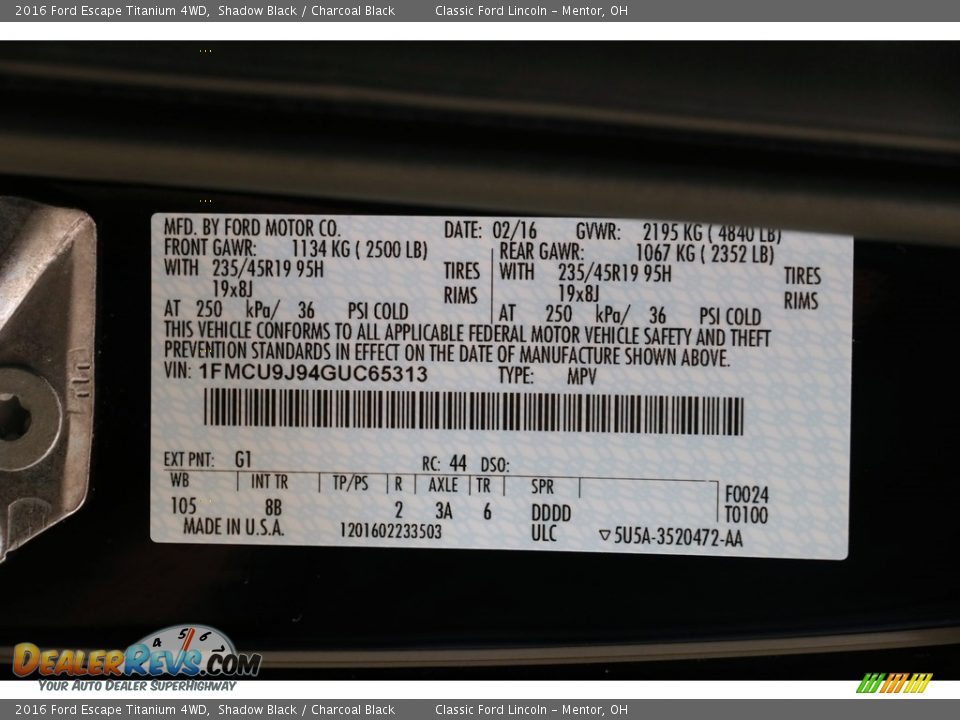 2016 Ford Escape Titanium 4WD Shadow Black / Charcoal Black Photo #21