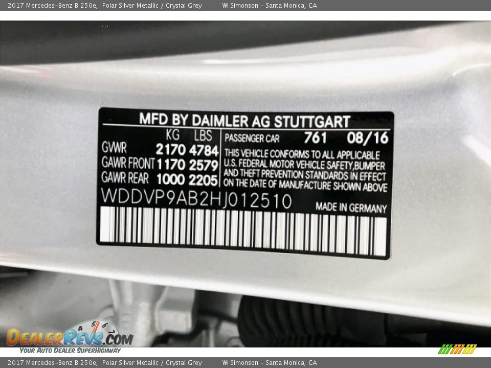 2017 Mercedes-Benz B 250e Polar Silver Metallic / Crystal Grey Photo #24