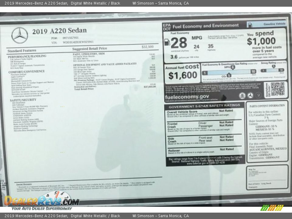 2019 Mercedes-Benz A 220 Sedan Digital White Metallic / Black Photo #10