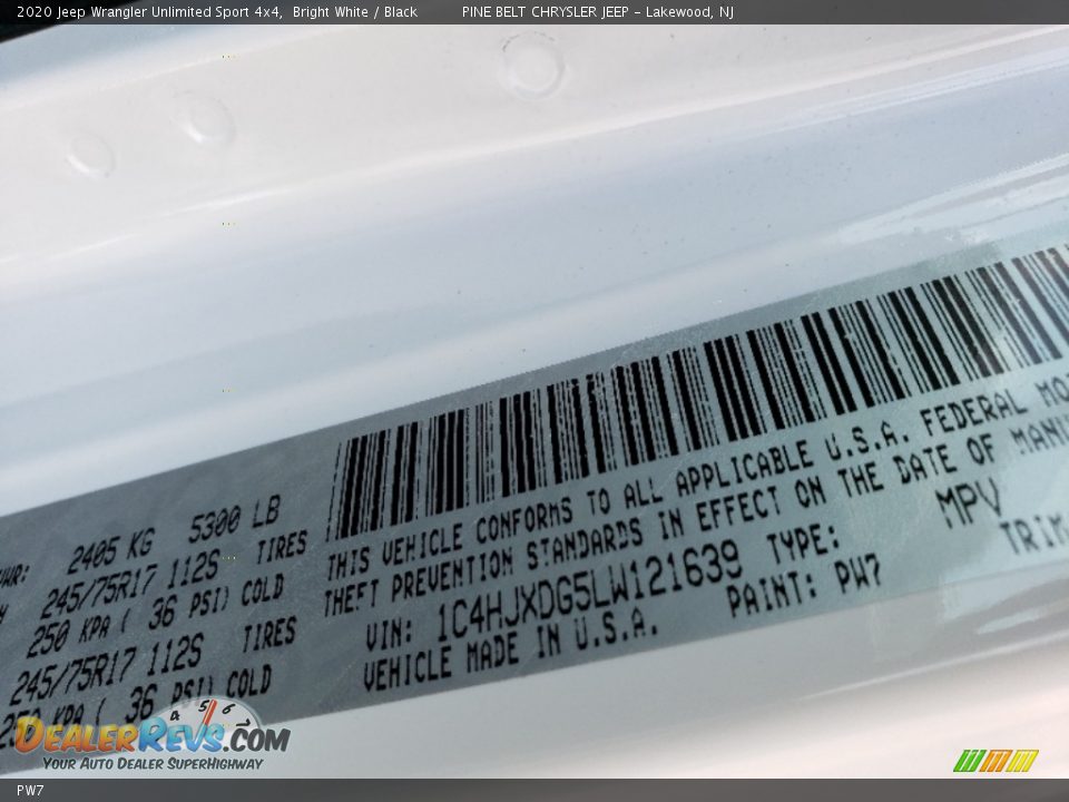 Jeep Color Code PW7 Bright White