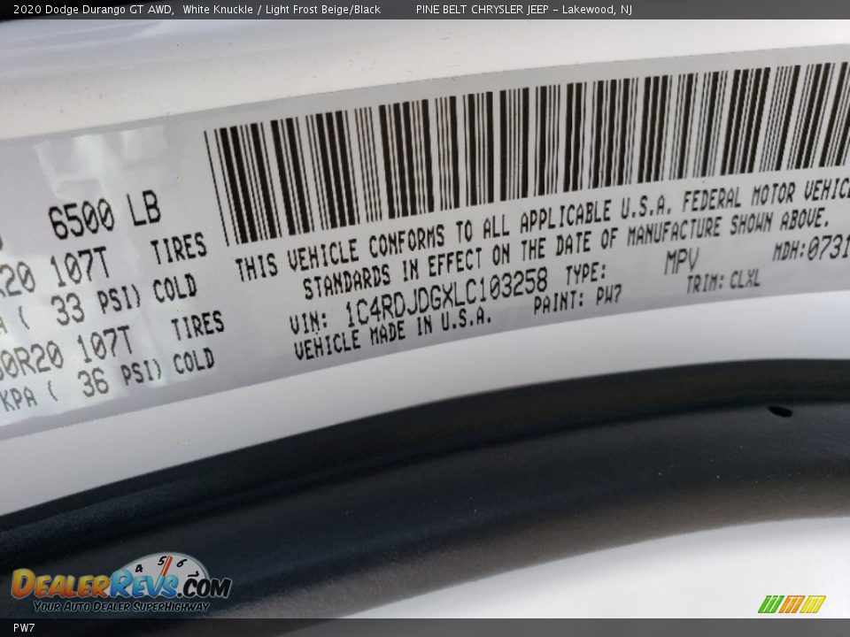 Dodge Color Code PW7 White Knuckle