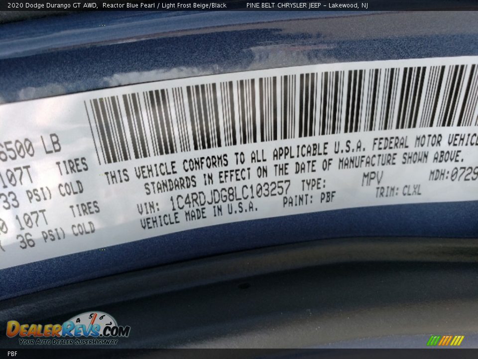 Dodge Color Code PBF Reactor Blue Pearl