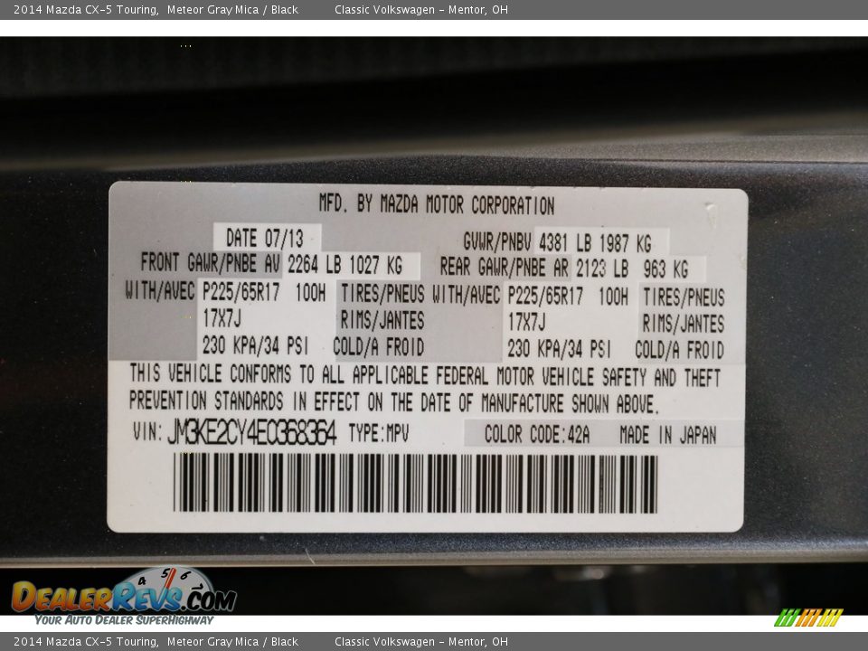 2014 Mazda CX-5 Touring Meteor Gray Mica / Black Photo #18